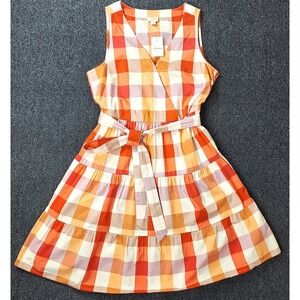 J.Crew Women Orange Gingham Tiered V-Neck‎ Mini Dress BR911 Size 8 NEW